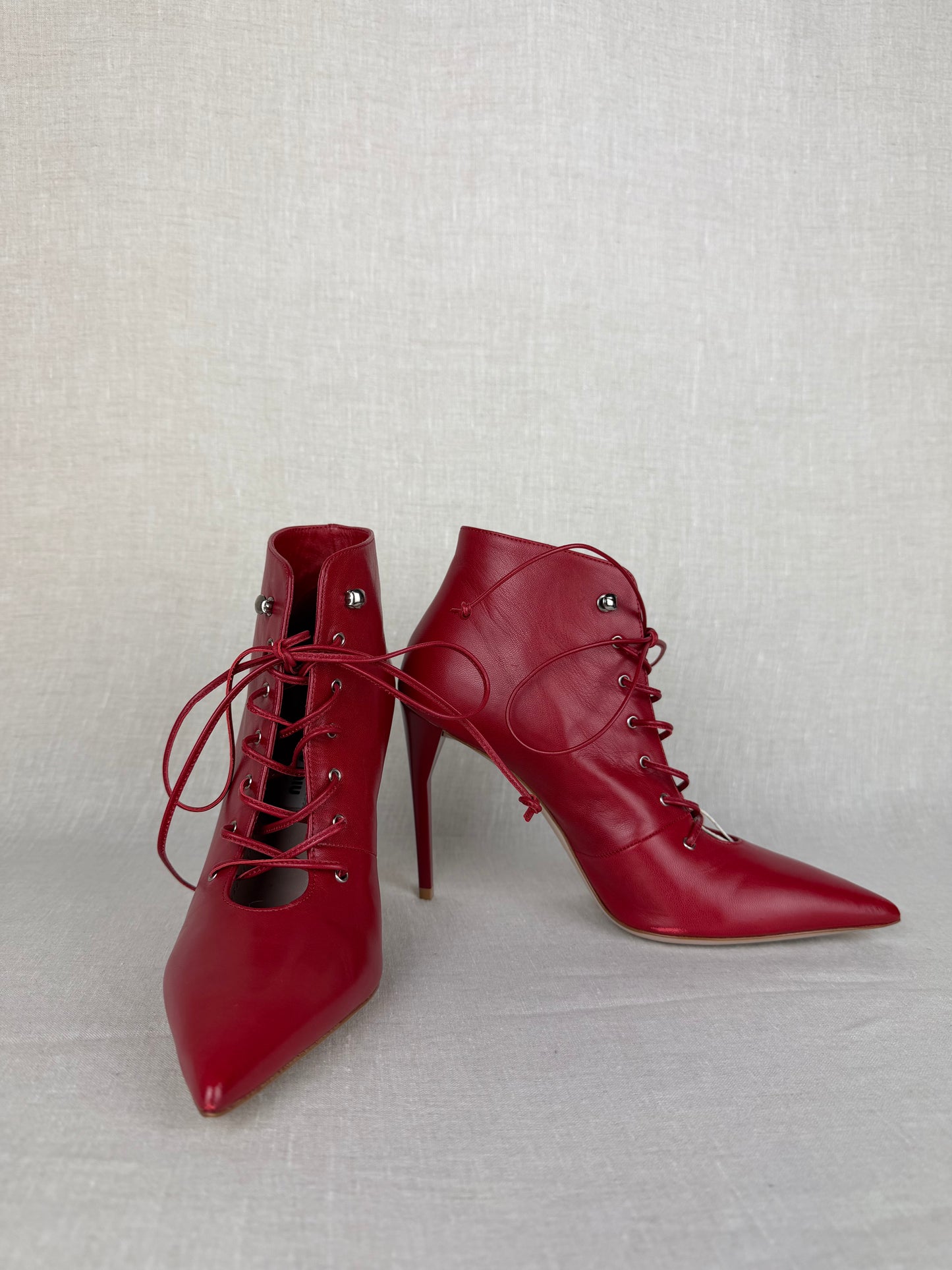 Miu Miu Lace Up Stiletto Red Boot Size 36.5