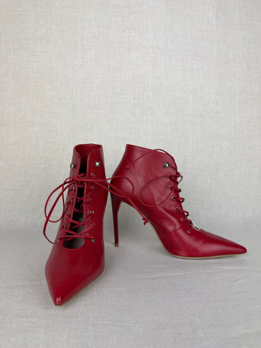 Miu Miu Lace Up Stiletto Red Boot Size 36.5