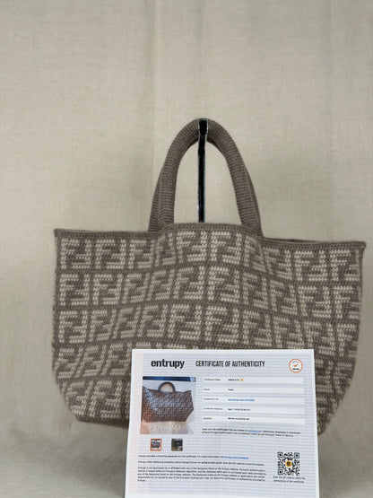 Fendi Cashmere Knitted Zucca Shoppers Tote- Grey/Cream