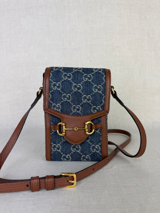 Gucci Mini Horsebit 1955 Crossbody Camera Bag- Blue GG Logo Denim/Leather
