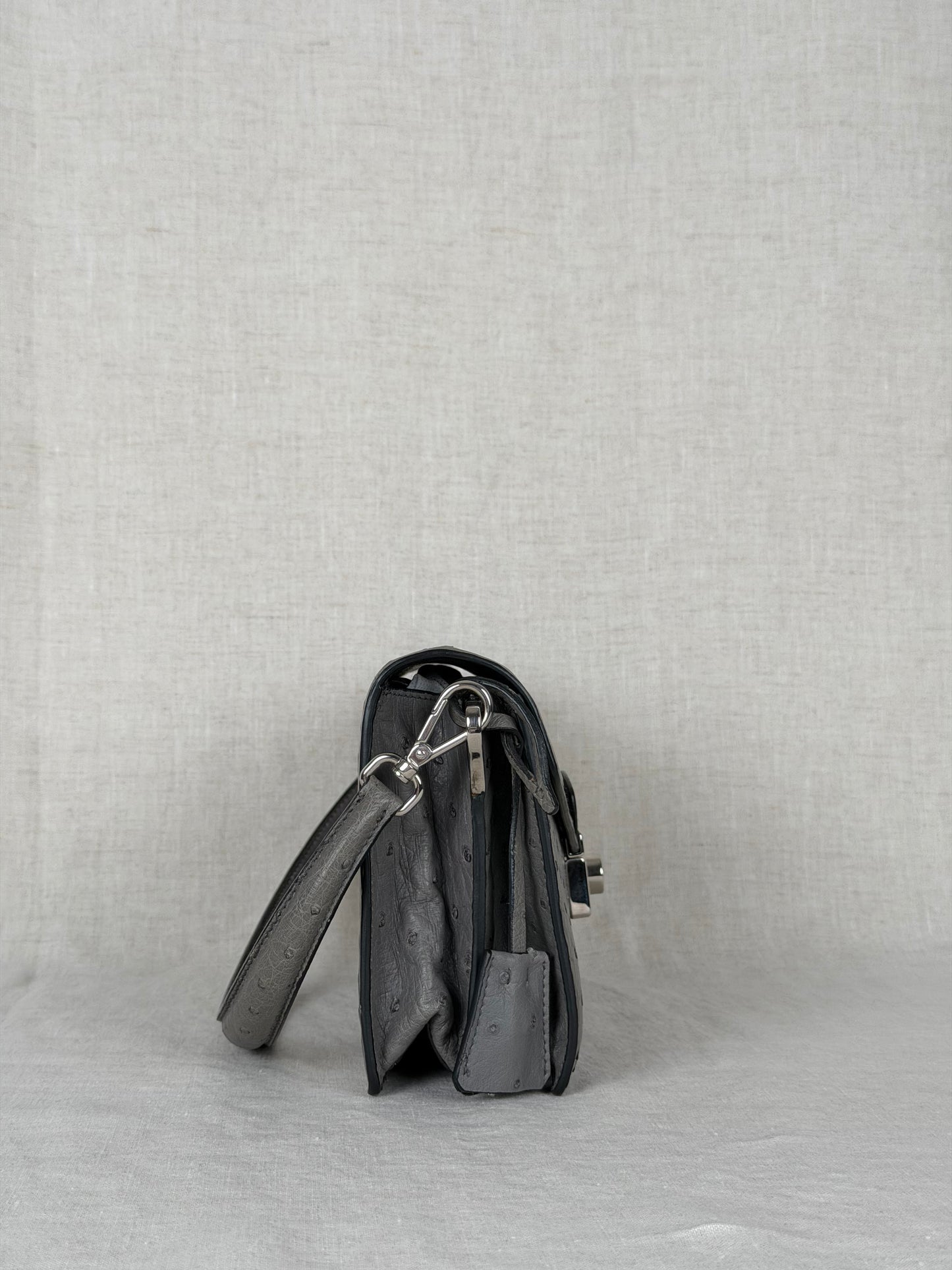 Prada Ostrich Leather Flap Bag - Grey