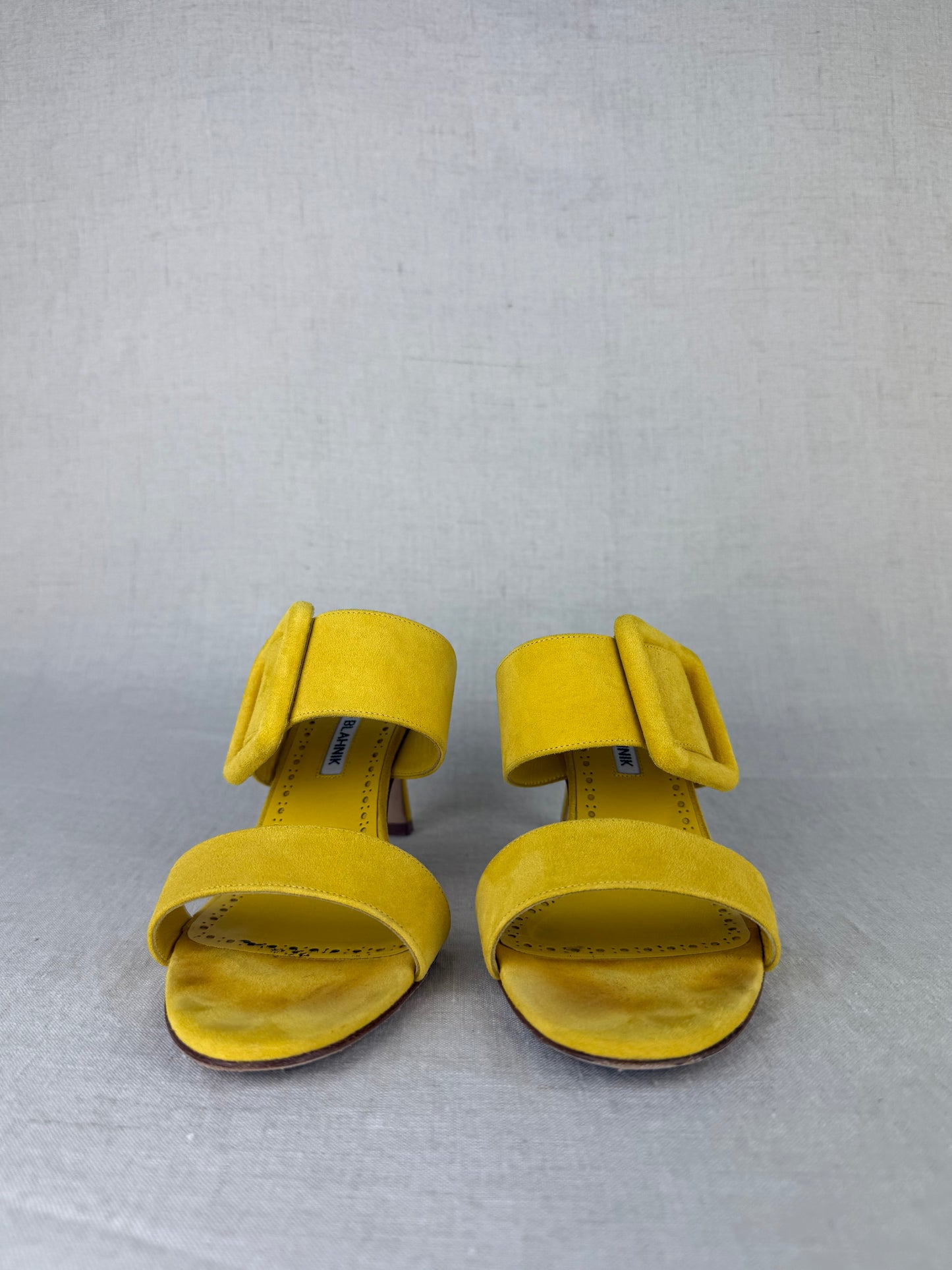 Manolo Blahnik Gable Suede Open-Toe Mules with Large Buckle sz 38.5