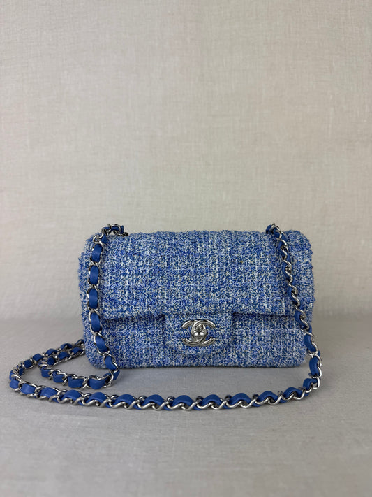 Chanel 2024 Tweed Quilted Mini Rectangular Flap Blue/White