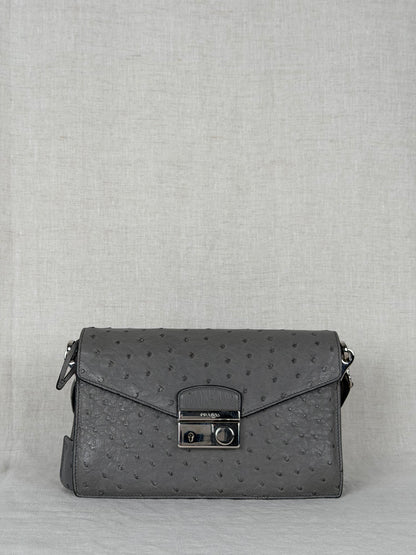 Prada Ostrich Leather Flap Bag - Grey