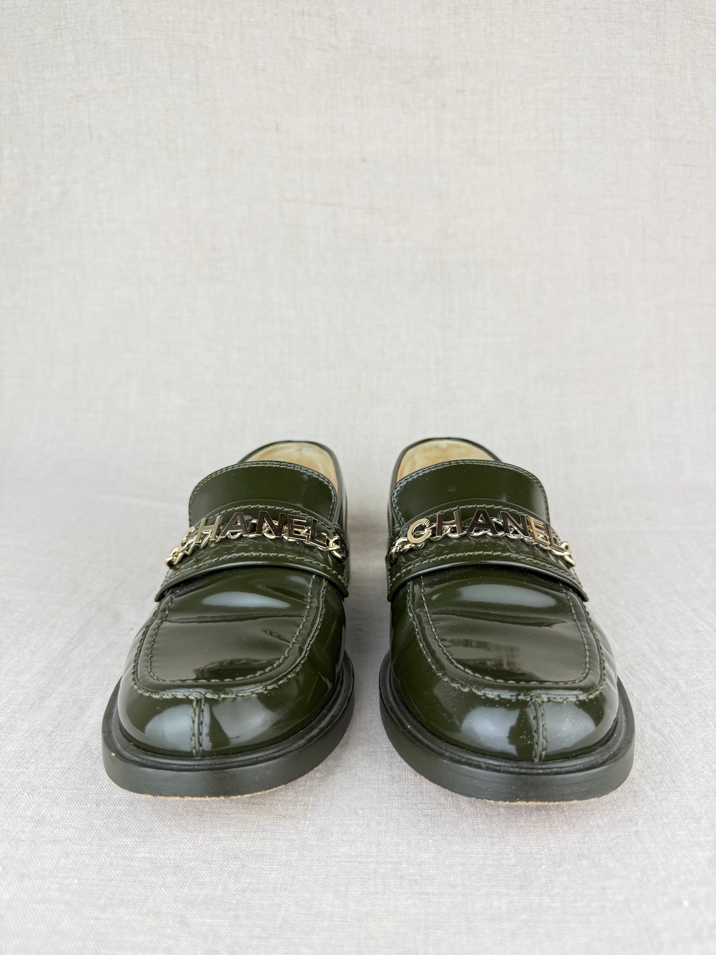 Chanel Green Patent Leather Loafers w/ Gold-Toned Hardware and CC Logo at Heel sz 38