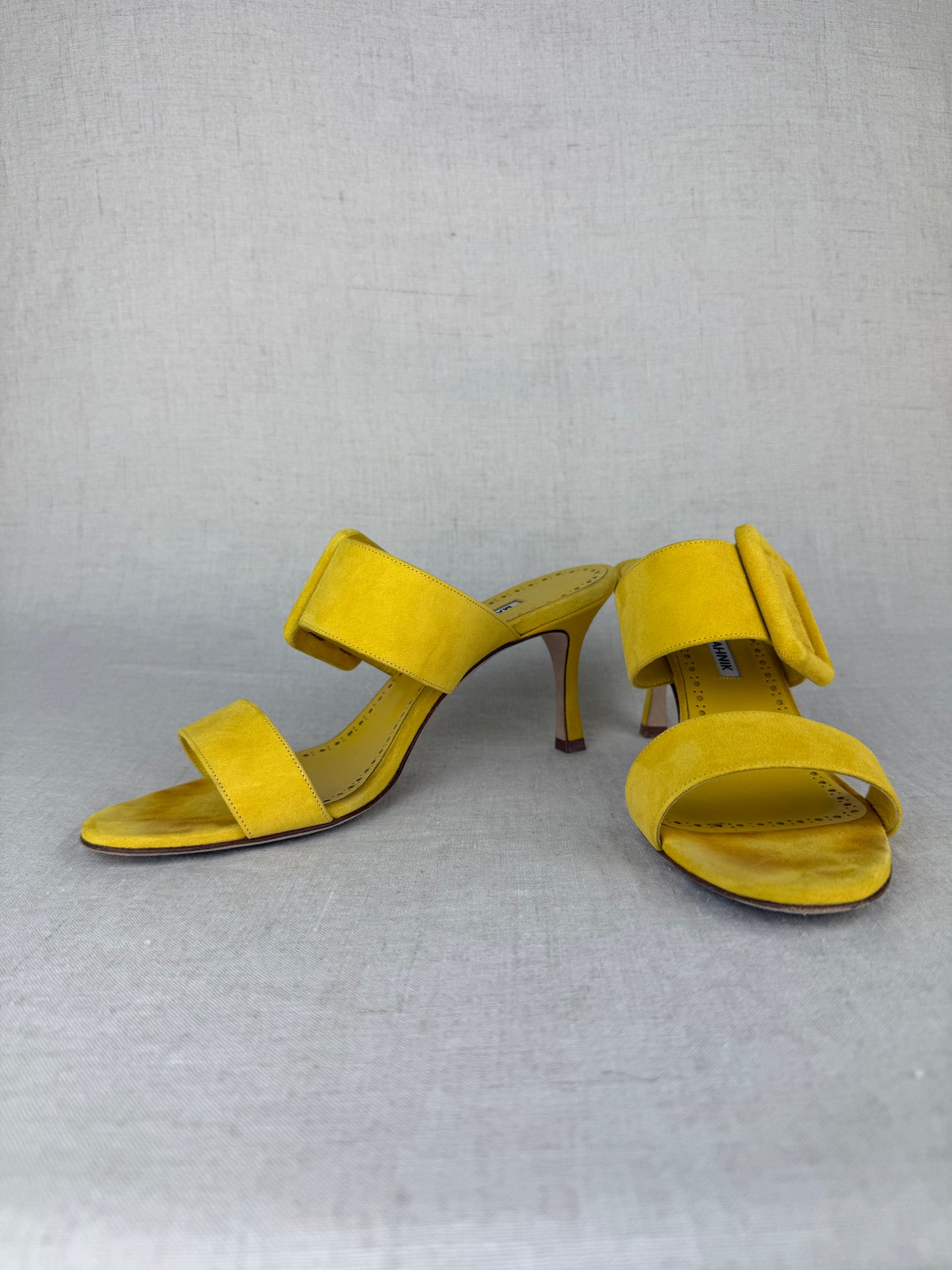 Manolo Blahnik Gable Suede Open-Toe Mules with Large Buckle sz 38.5
