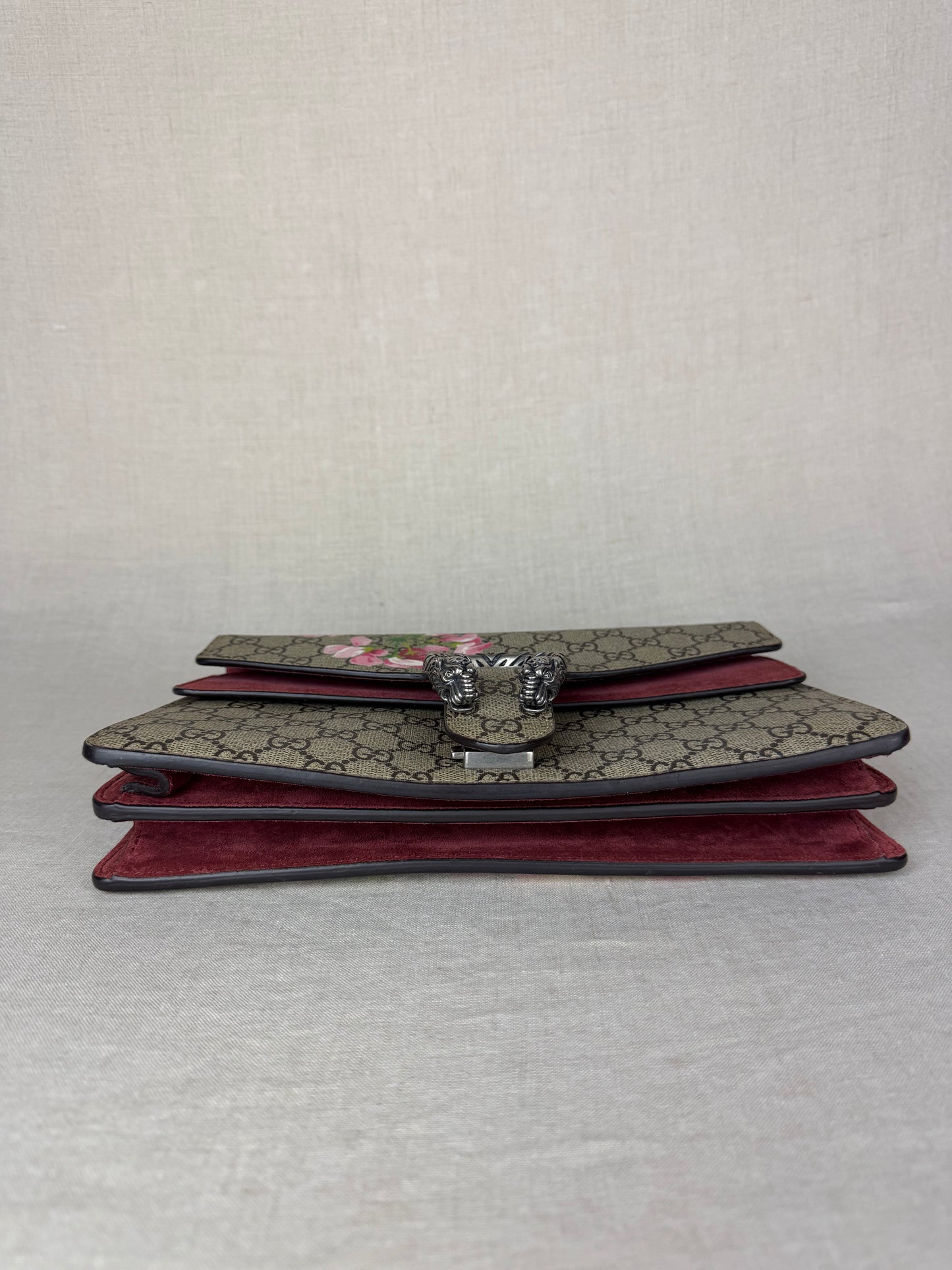 Gucci GG Supreme Blooms Medium Bag- Tan Coated Canvas/ Burgundy Leather