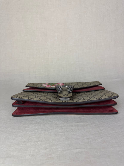 Gucci GG Supreme Blooms Medium Bag- Tan Coated Canvas/ Burgundy Leather