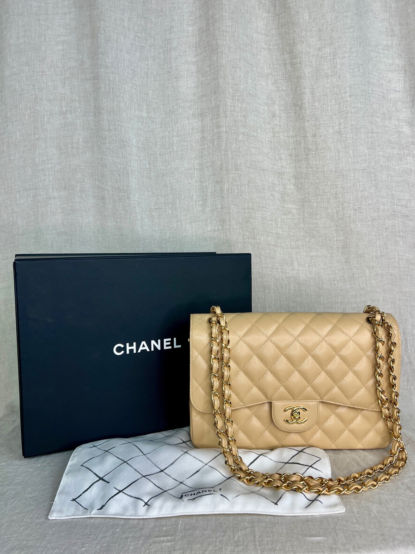 Chanel Classic Beige Jumbo in Caviar Leather with Gold Hardware