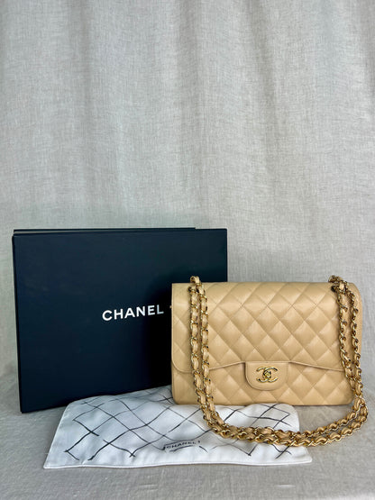 Chanel Classic Beige Jumbo in Caviar Leather with Gold Hardware