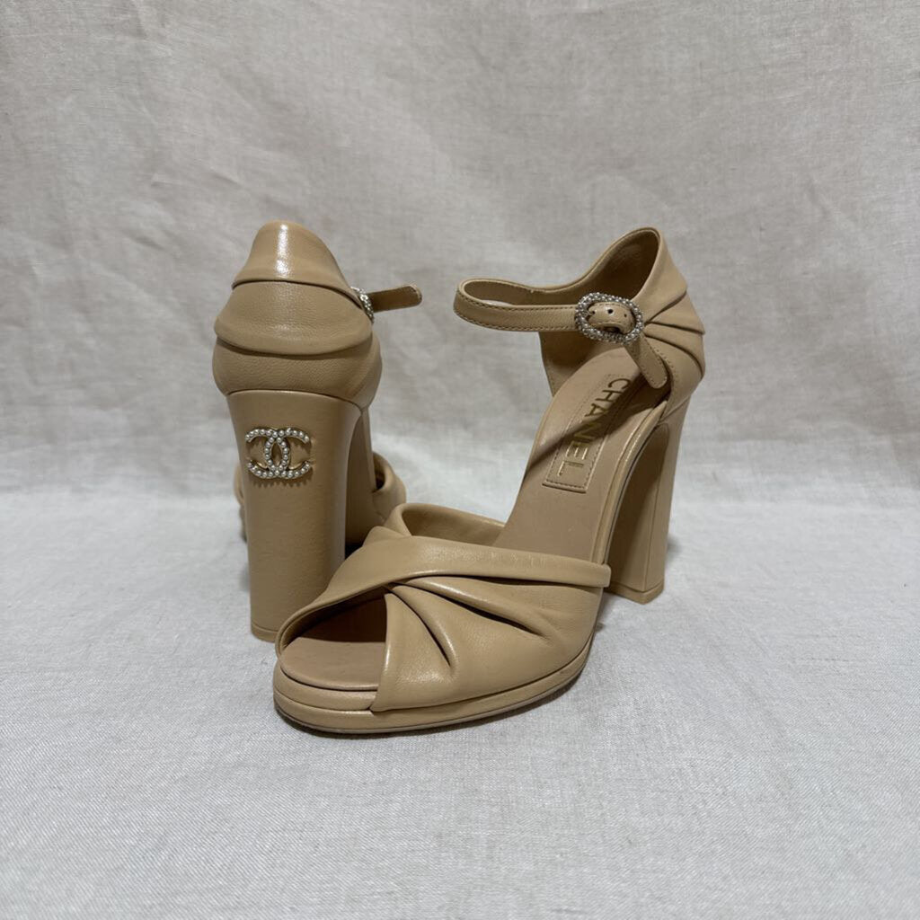 CHANEL, Pearl Double C Block Heel Sandals, 36