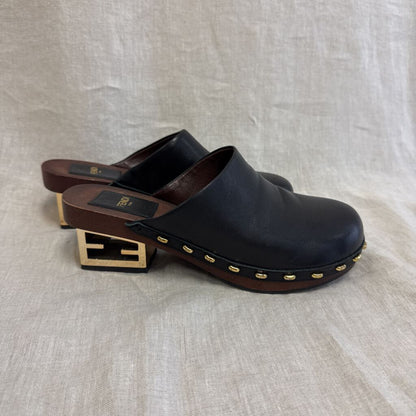 FENDI, Leather W Gold Logo Heel Clog, 39