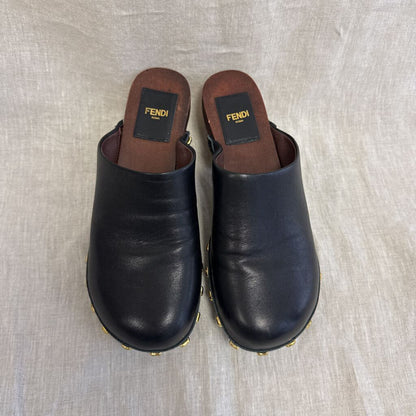 FENDI, Leather W Gold Logo Heel Clog, 39