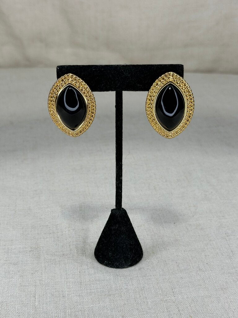 Vintage Pierced Gold and Black Football shaped Earrings