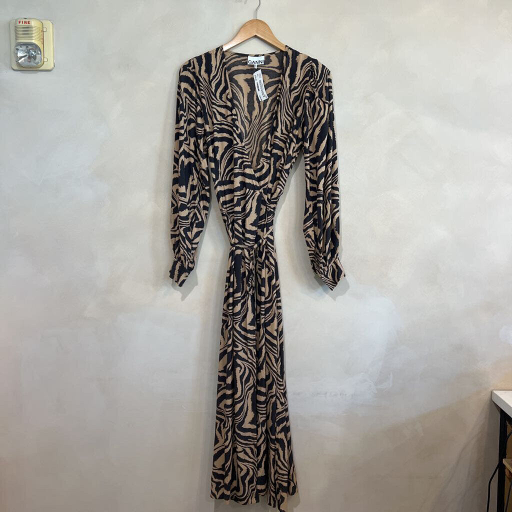 GANNI, Long Sleeve Rayon Animal Print Wrap Dress, 38