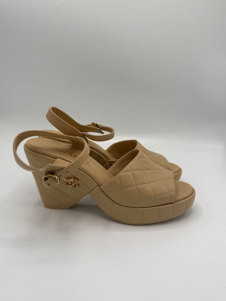 CHANEL, 2024 Quilted Lambskin Peep Toe Wedge, 38.5