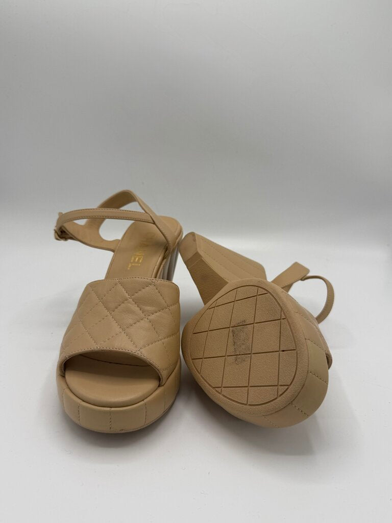CHANEL, 2024 Quilted Lambskin Peep Toe Wedge, 38.5
