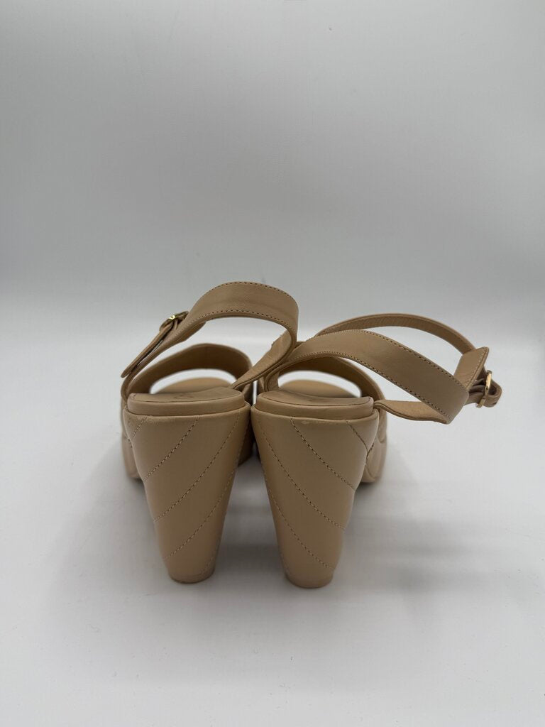 CHANEL, 2024 Quilted Lambskin Peep Toe Wedge, 38.5