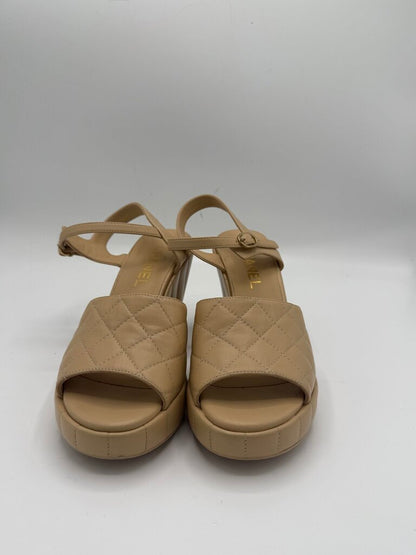 CHANEL, 2024 Quilted Lambskin Peep Toe Wedge, 38.5