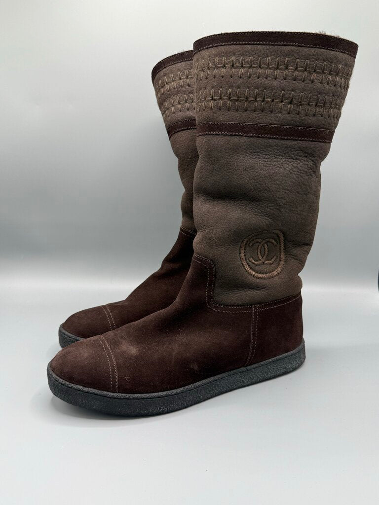 CHANEL, CC Logo Suede Mid-Calf Boots, 40.5