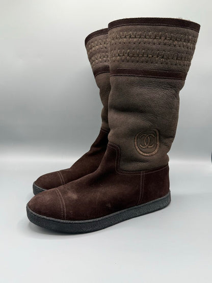 CHANEL, CC Logo Suede Mid-Calf Boots, 40.5