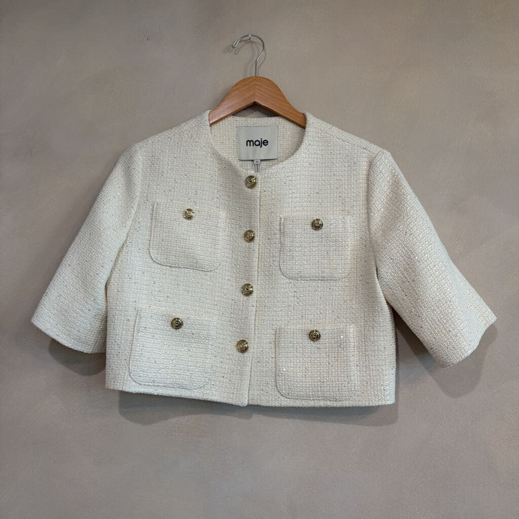 MAJE, Short Sleeve Tweed Cropped Jacket, S