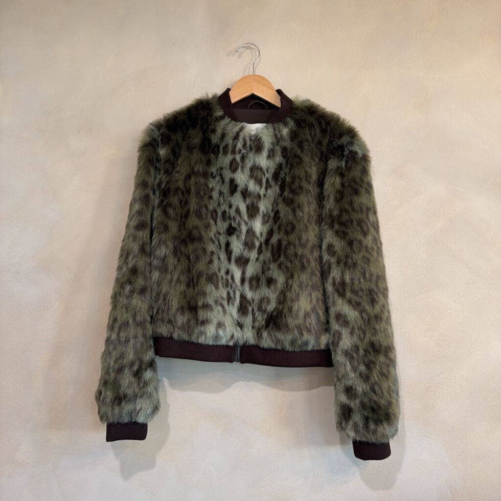 UNREAL FUR, Faux Fur Animal Print Bomber Jacket, M