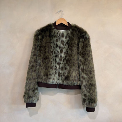 UNREAL FUR, Faux Fur Animal Print Bomber Jacket, M