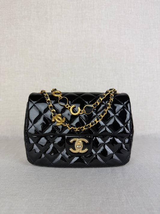 Chanel 2021 Black Patent Enamel Mini Coco Hearts Square Flap Bag