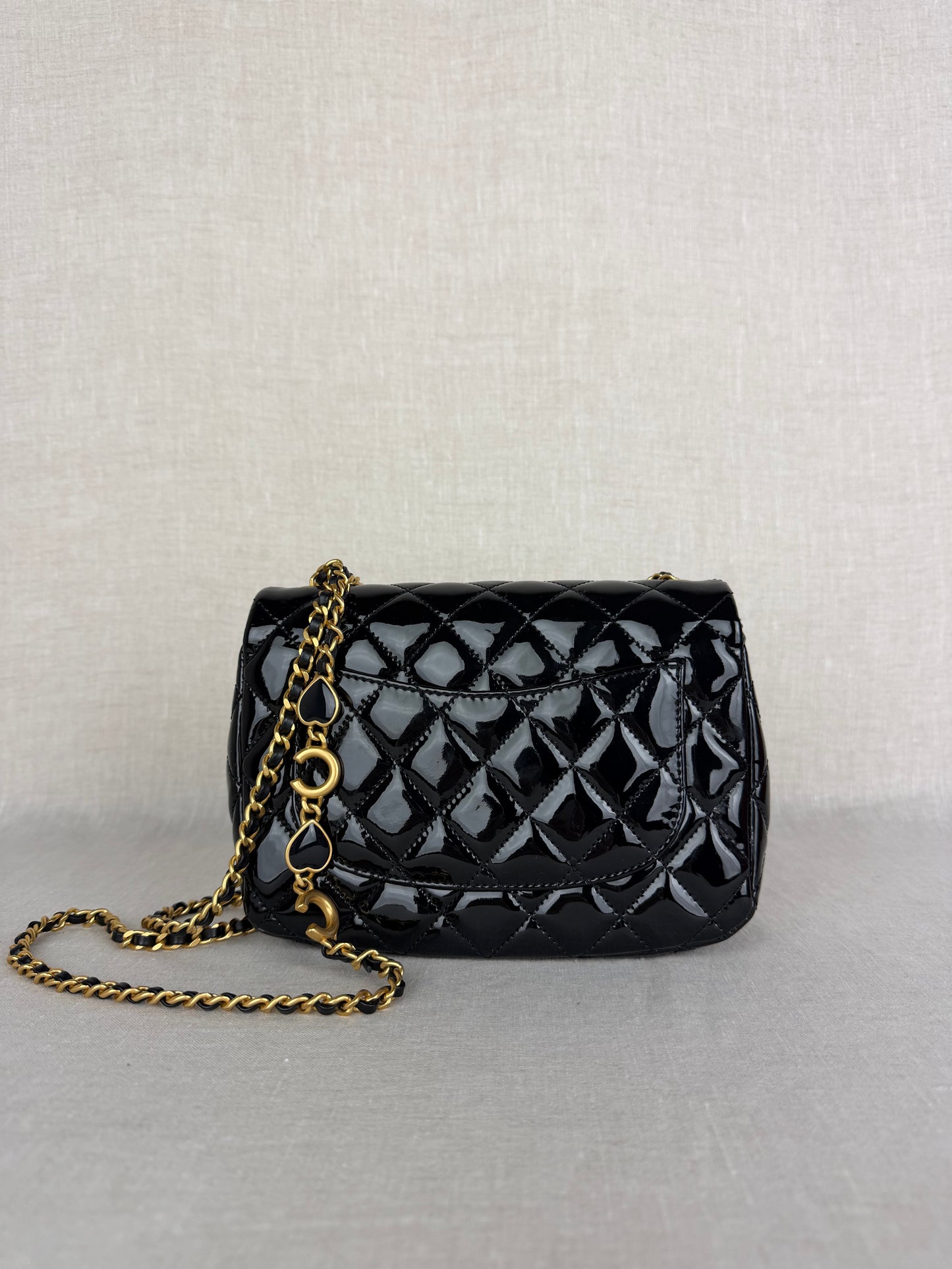 Chanel 2021 Black Patent Enamel Mini Coco Hearts Square Flap Bag