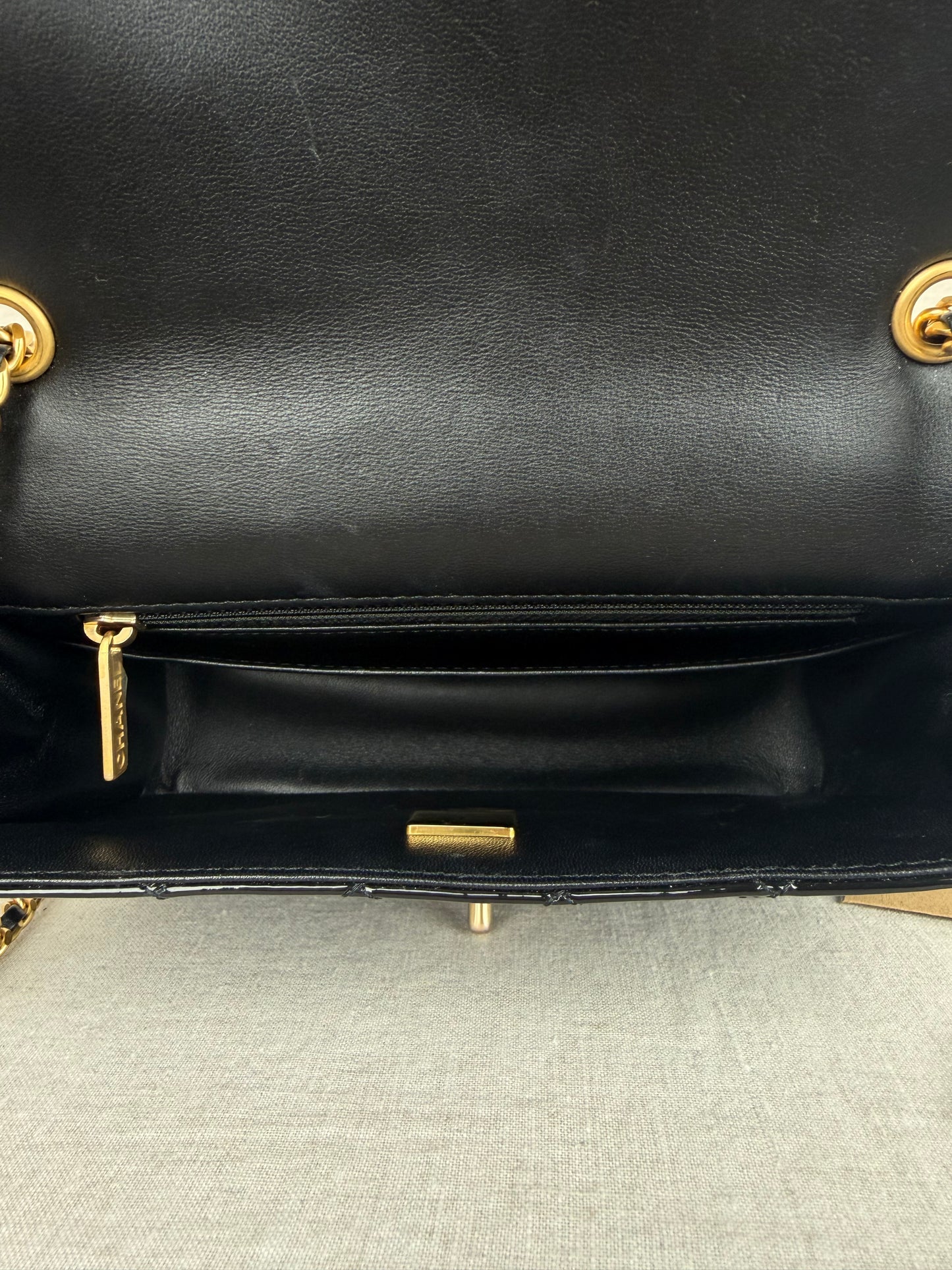 Chanel 2021 Black Patent Enamel Mini Coco Hearts Square Flap Bag