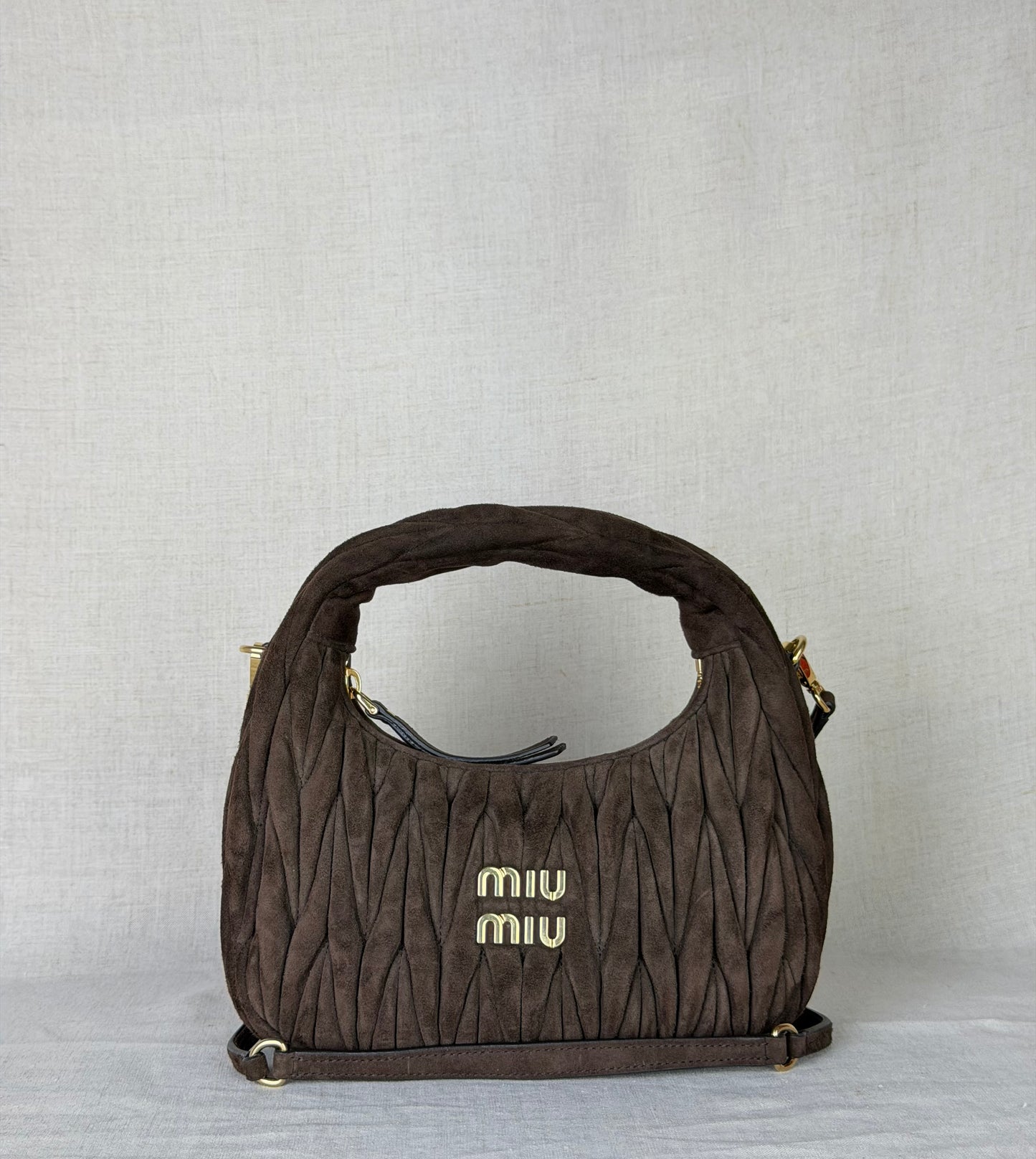 Miu Miu Matelasse Small Suede Hobo- Brown Suede