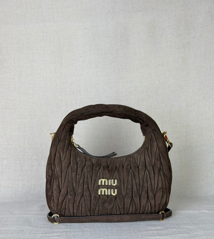 Miu Miu Matelasse Small Suede Hobo- Brown Suede