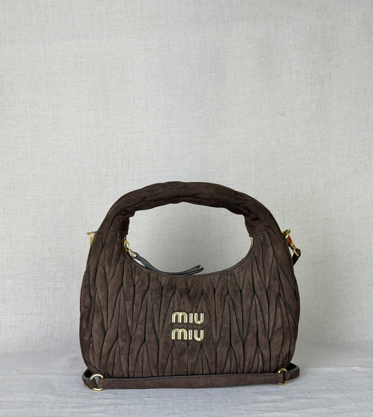 Miu Miu Matelasse Small Suede Hobo- Brown Suede