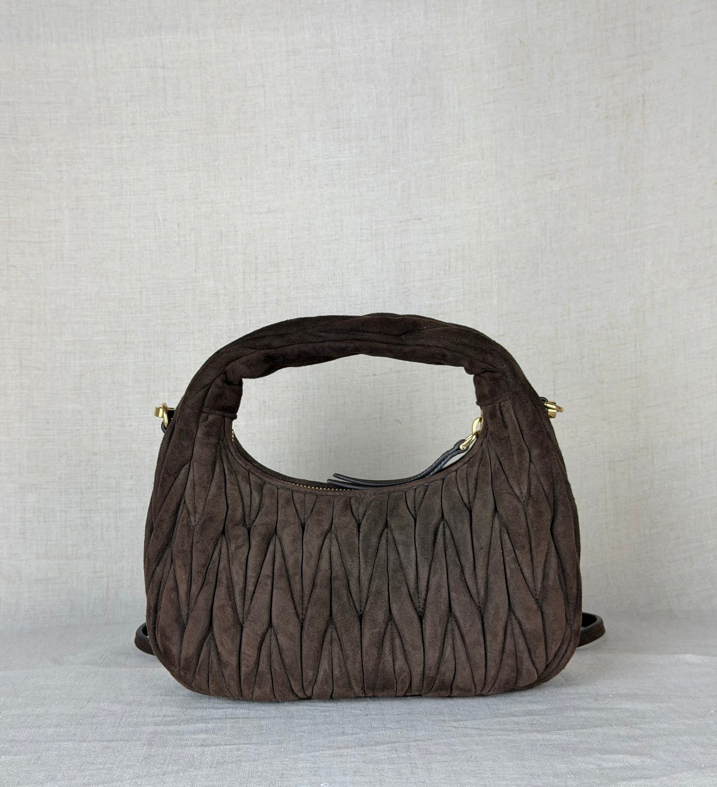 Miu Miu Matelasse Small Suede Hobo- Brown Suede