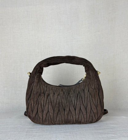 Miu Miu Matelasse Small Suede Hobo- Brown Suede