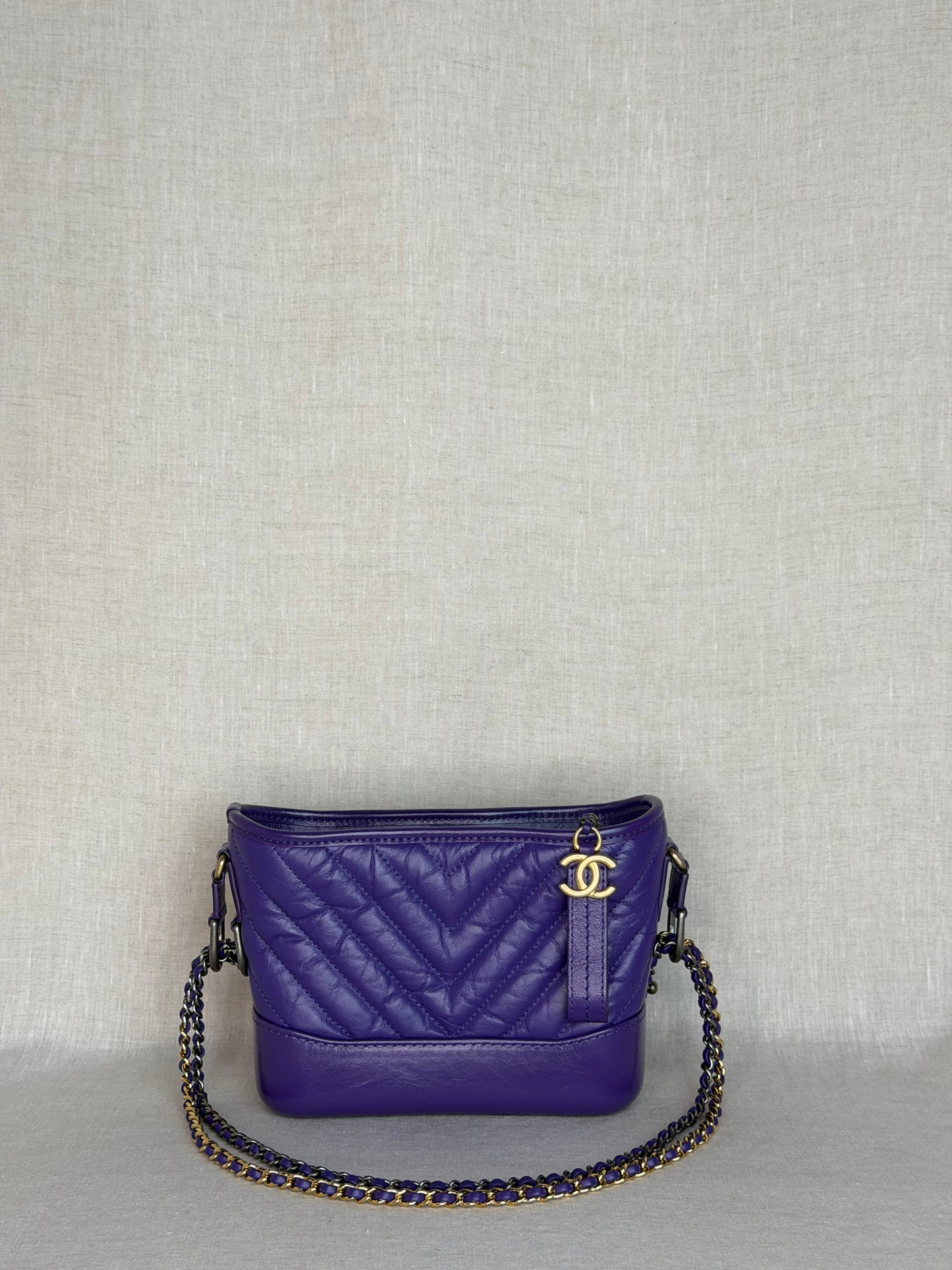 2019-2020 Chanel Aged Calfskin Purple Chevron Quilted Small Gabrielle Hobo