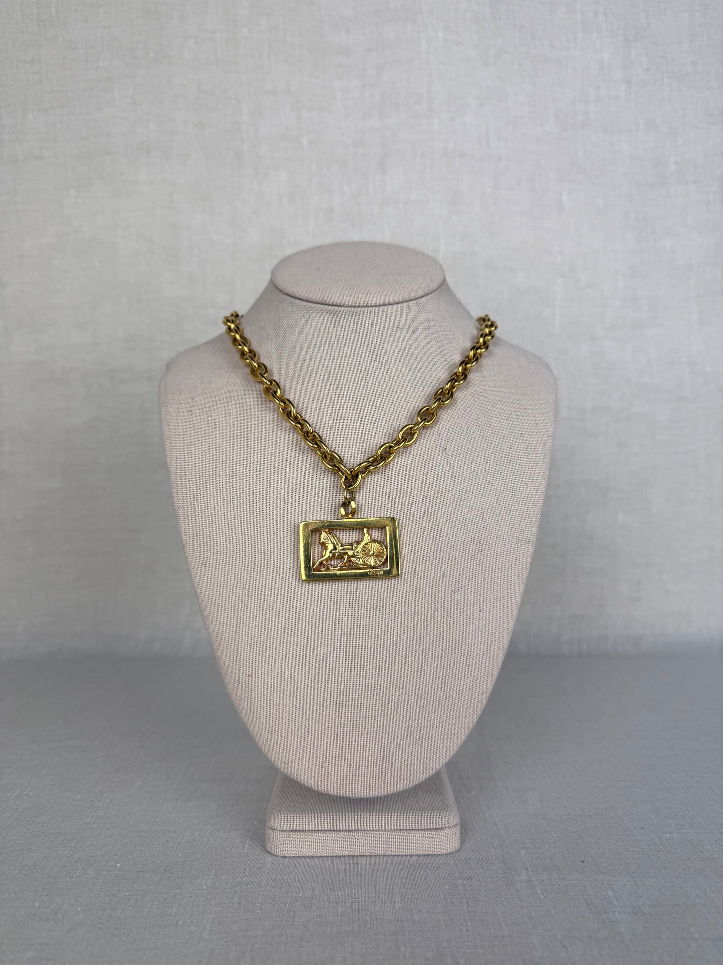 Celine Vintage Gold Tone Carriage Logo Necklace