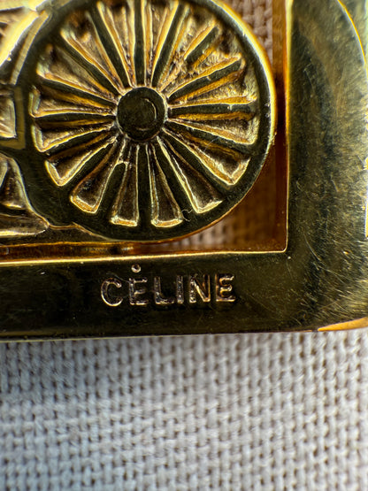 Celine Vintage Gold Tone Carriage Logo Necklace