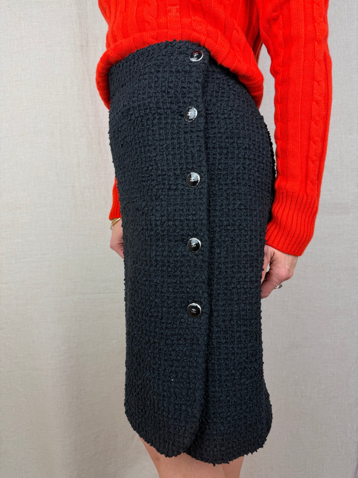 Chanel 2025 Black Cotton Tweed Skirt w/ Buttons