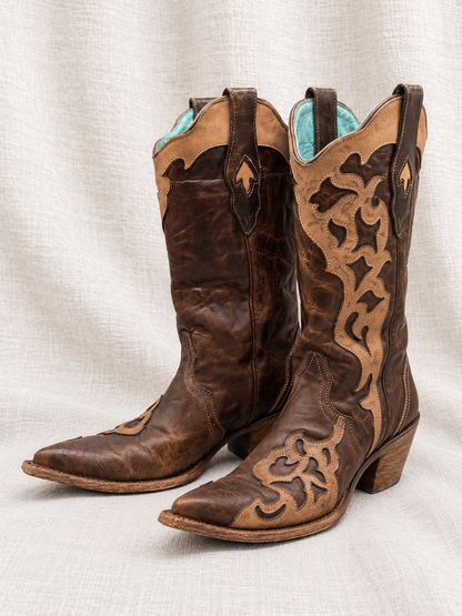 CORAL, Two Toned Cowboy Boot, 6 pair facing left on ivory fabric
