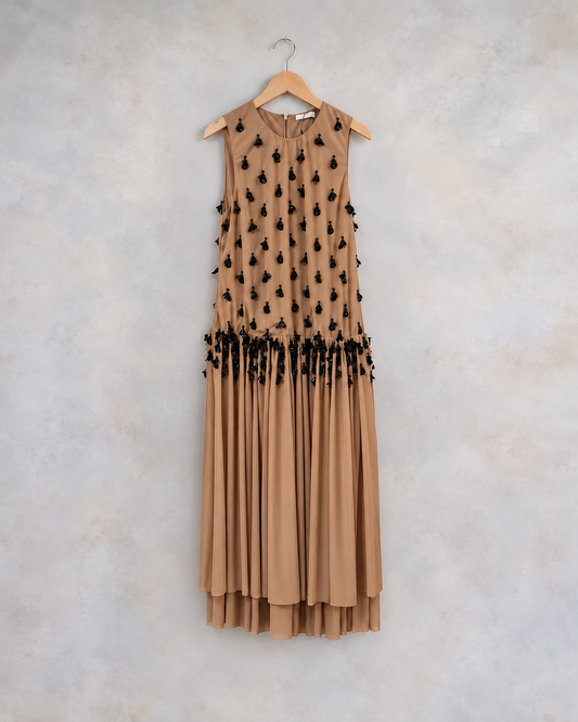 DIOTIMA tan embellished drop waist dress on wooden hanger