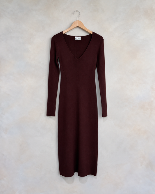 GANNI burgundy long sleeve V neck knit dress on wooden hanger