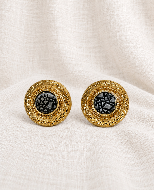 VINTAGE, Clip-On Round Gold Earrings With Silver and Black Center — ivory linen collection thumbnail