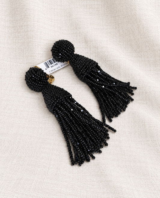 OSCAR DE LA RENTA, Beaded Long Tassel Drop Clip-On Earrings — ivory linen collection thumbnail