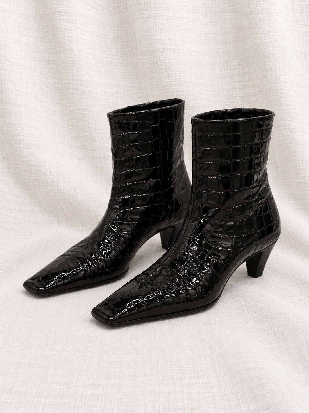KHAITE, 'Arizona' Embossed Patent Ankle Boot, 38 facing left on ivory fabric