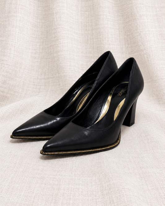 SEBASTIAN, Block Heel Pumps with Gold Heel, 38.5 — closely grouped left-facing pair on ivory linen