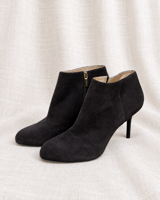SERGIO ROSSI, Suede Boots, 39.5 — left-facing pair on ivory linen
