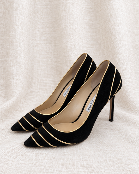 JIMMY CHOO, Suede Pumps with Gold Piping, 41.5 — left-facing pair on ivory linen