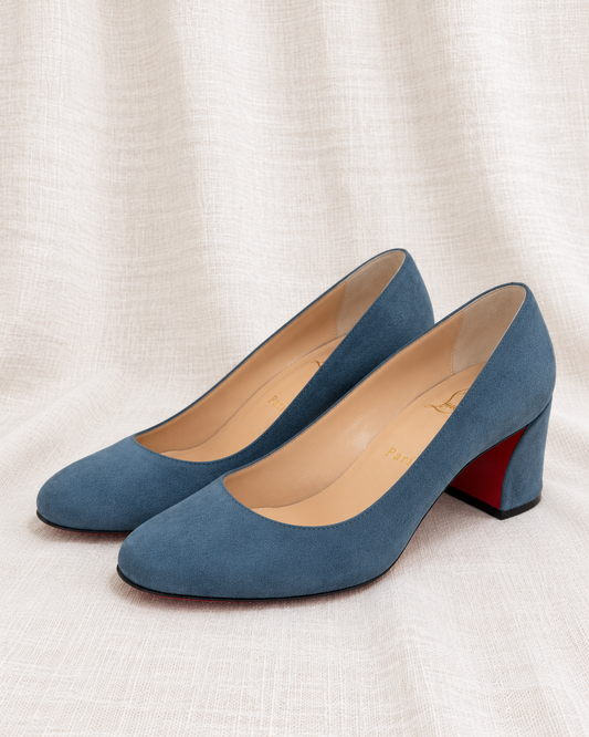 CHRISTIAN LOUBOUTIN, Round Toe Suede Block Heels, 37 — left-facing pair on ivory linen